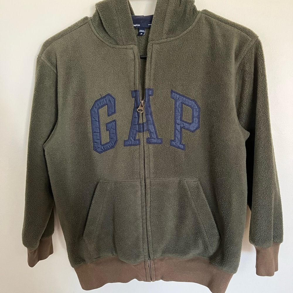 Gap boys hooded zipper sweatshirt -olive green/blue, cozy, size 8